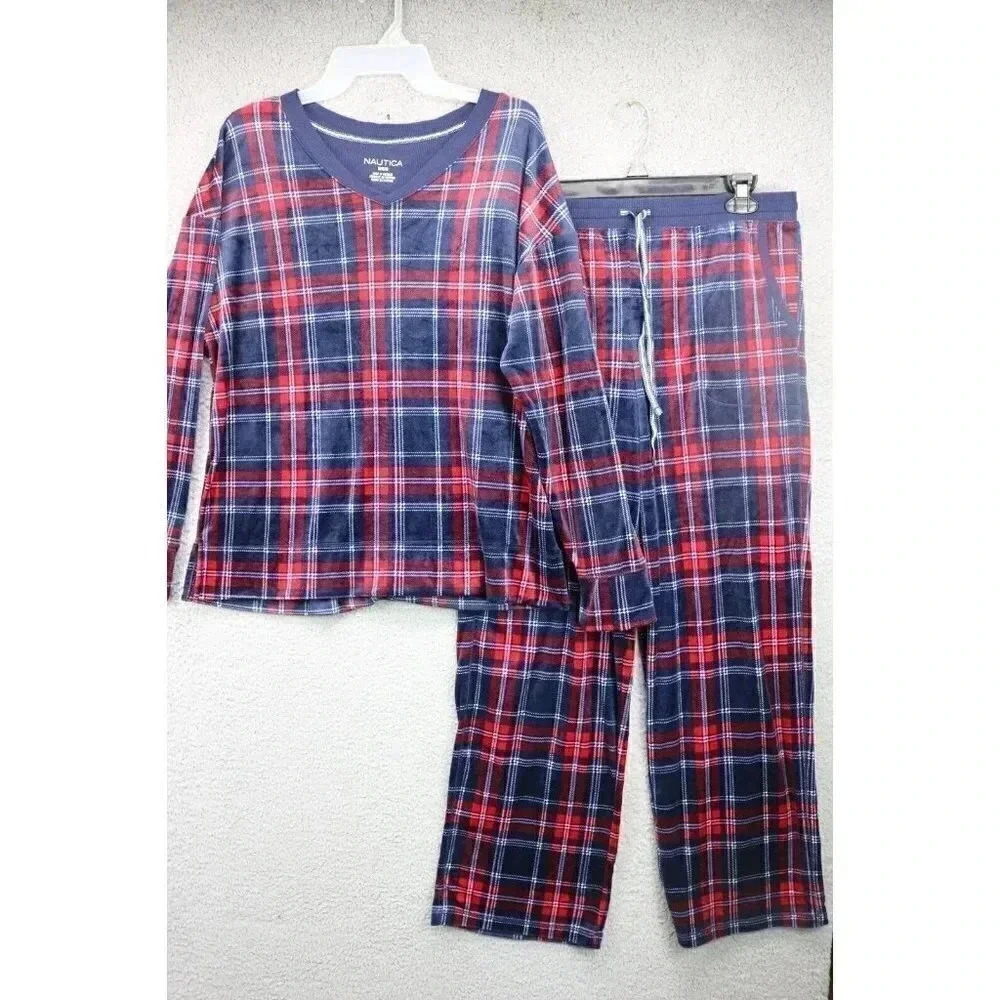 Nautica Women's Velour Pajama Set-Size Medium-Navy Blue and Red